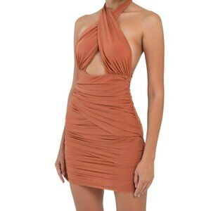 KikiRiki Ruched Sleeveless Cross Front Halter Mini Dress Clay Size Medium NWT